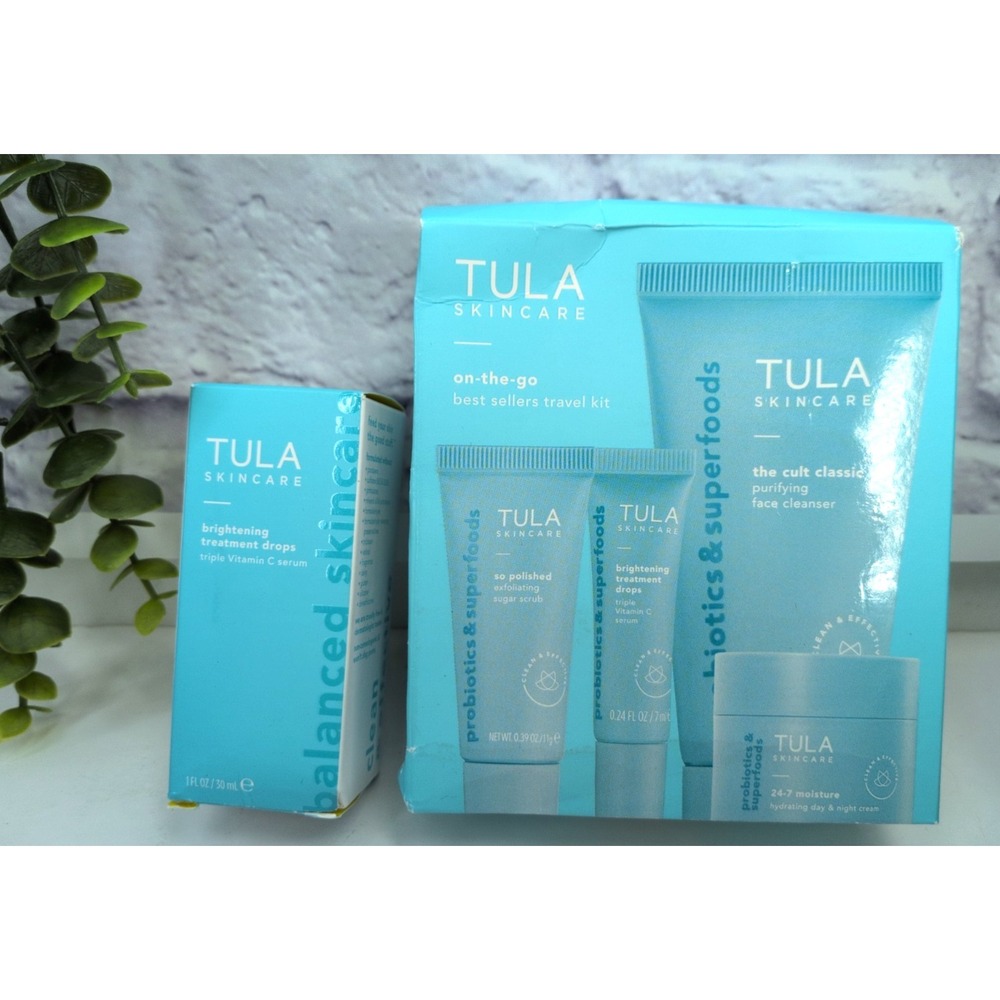 NIB TRAVEL LOT 5!🥰TULA Skincare On-The-Go Best Sellers Kit Brightening Drops